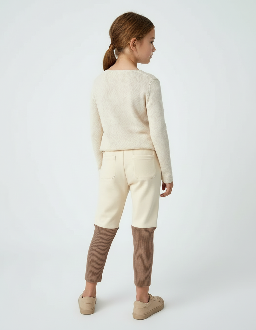 Pantalon Beige Enfant Bicolore Côtelé Ample Doux - Maille - vue 2