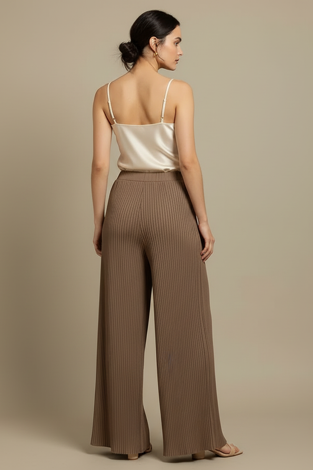 Pantalon Beige Plissé Ample Fluide Côtelé Élégant - Maille - vue 2