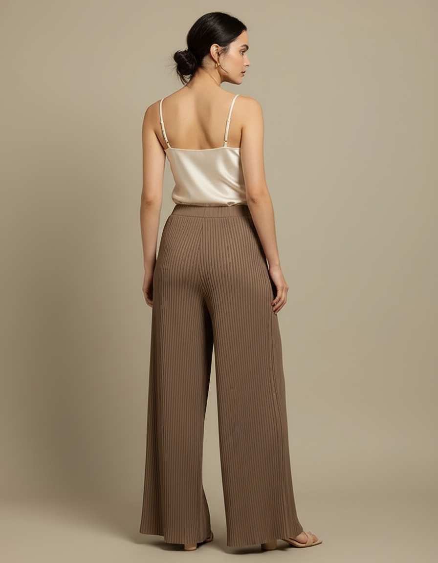 Pantalon Beige Plissé Ample Fluide Côtelé Élégant - Maille - vue 2