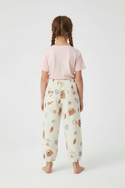Pantalon Beige Ample Motif Ours Fleuri Léger - Coton - vue 2