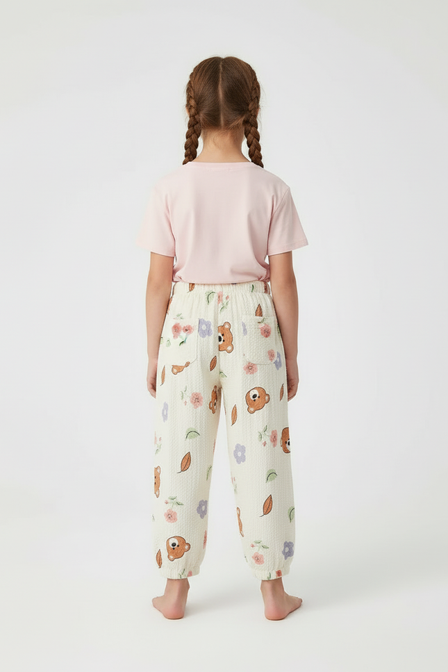 Pantalon Beige Ample Motif Ours Fleuri Léger - Coton - vue 2