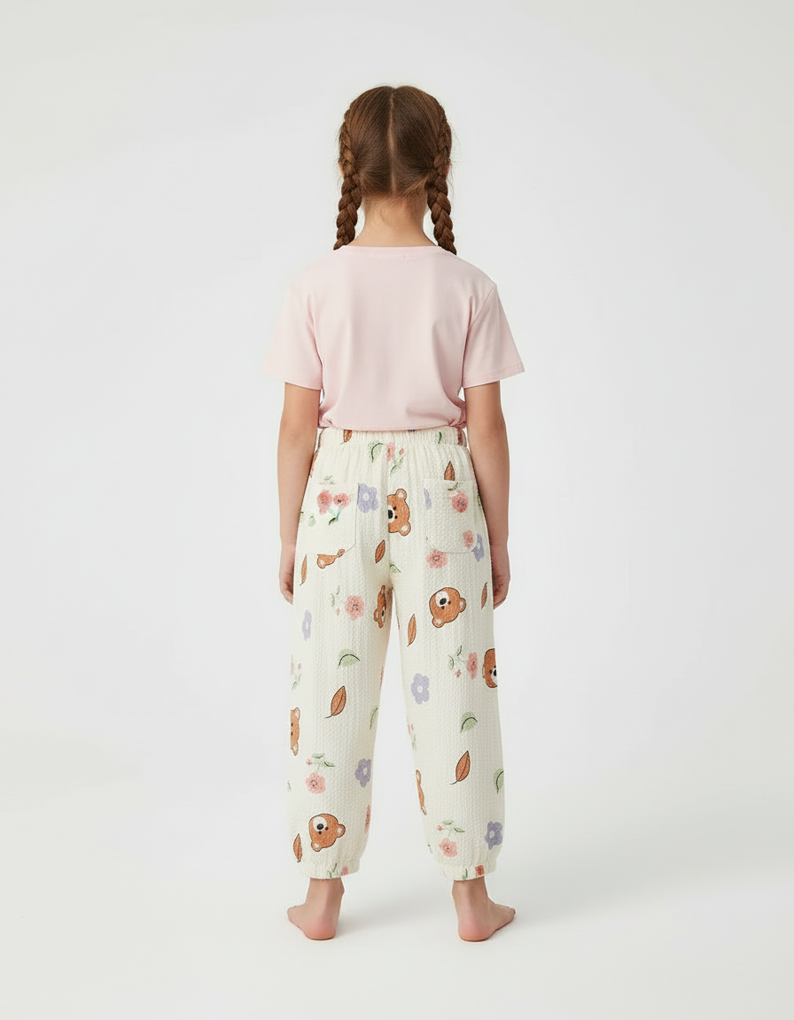 Pantalon Beige Ample Motif Ours Fleuri Léger - Coton - vue 2