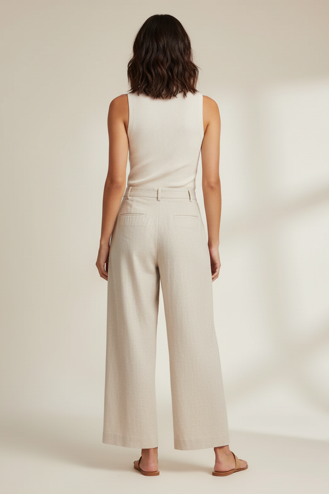 Pantalon Beige Ample Plissé Fluide Élégant Femme - Blanc Lin - vue 2