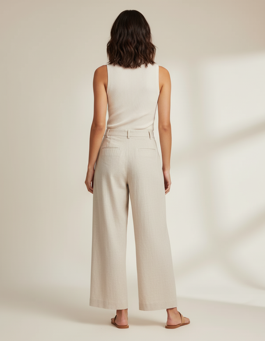 Pantalon Beige Ample Plissé Fluide Élégant Femme - Blanc Lin - vue 2