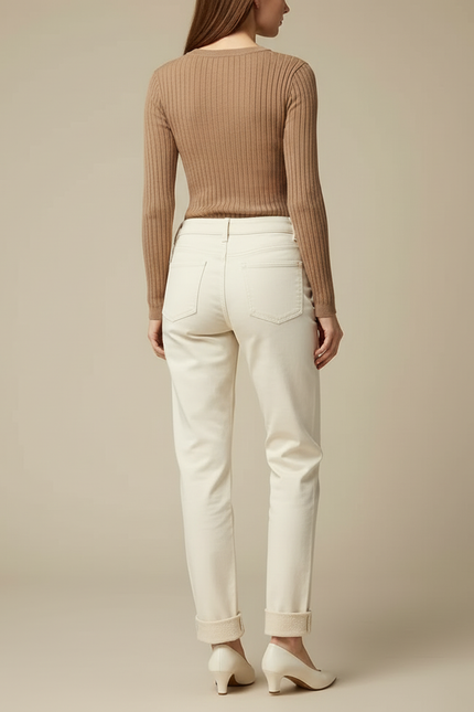 Pantalon Beige Écru Droit Coton Décontracté Femme - Blanc - vue 2