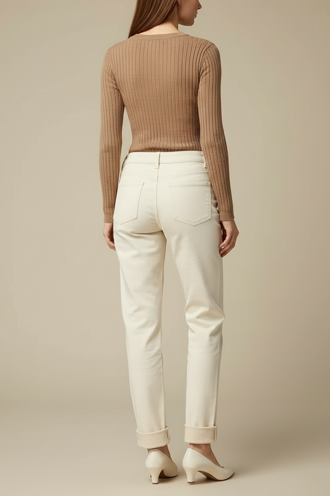 Pantalon Beige Écru Droit Coton Décontracté Femme - Blanc - vue 2