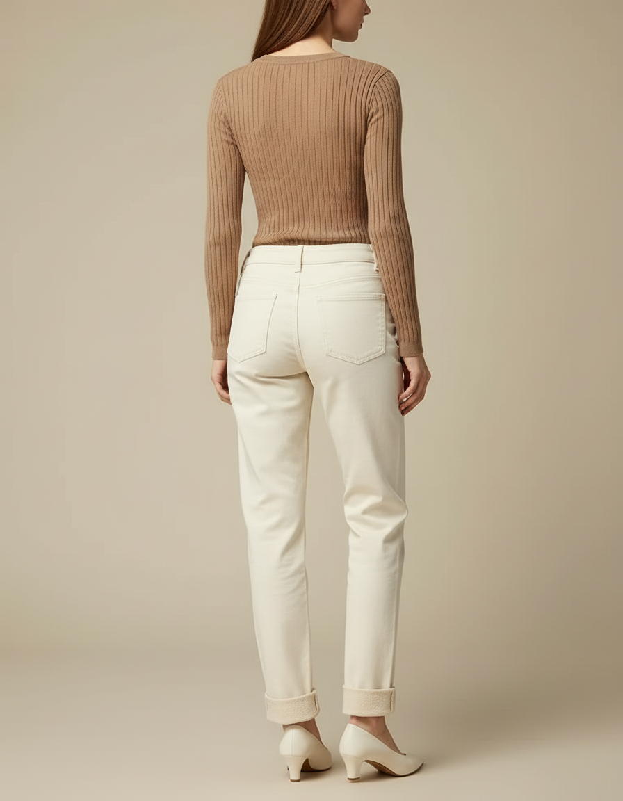 Pantalon Beige Écru Droit Coton Décontracté Femme - Blanc - vue 2