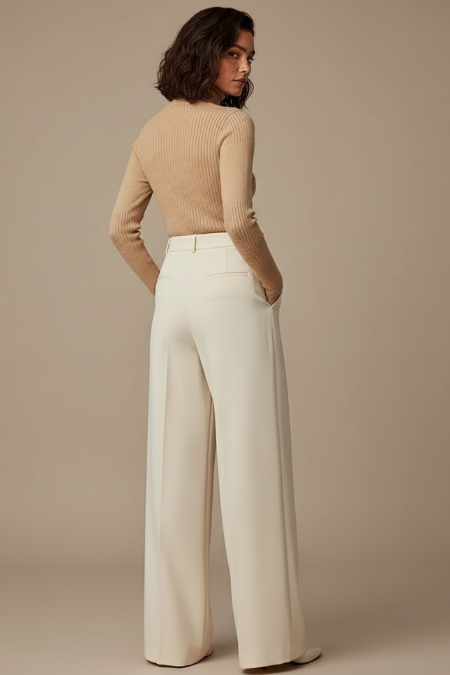 Pantalon Beige Taille Haute Ample Fluide Élégant - Polyester - vue 2