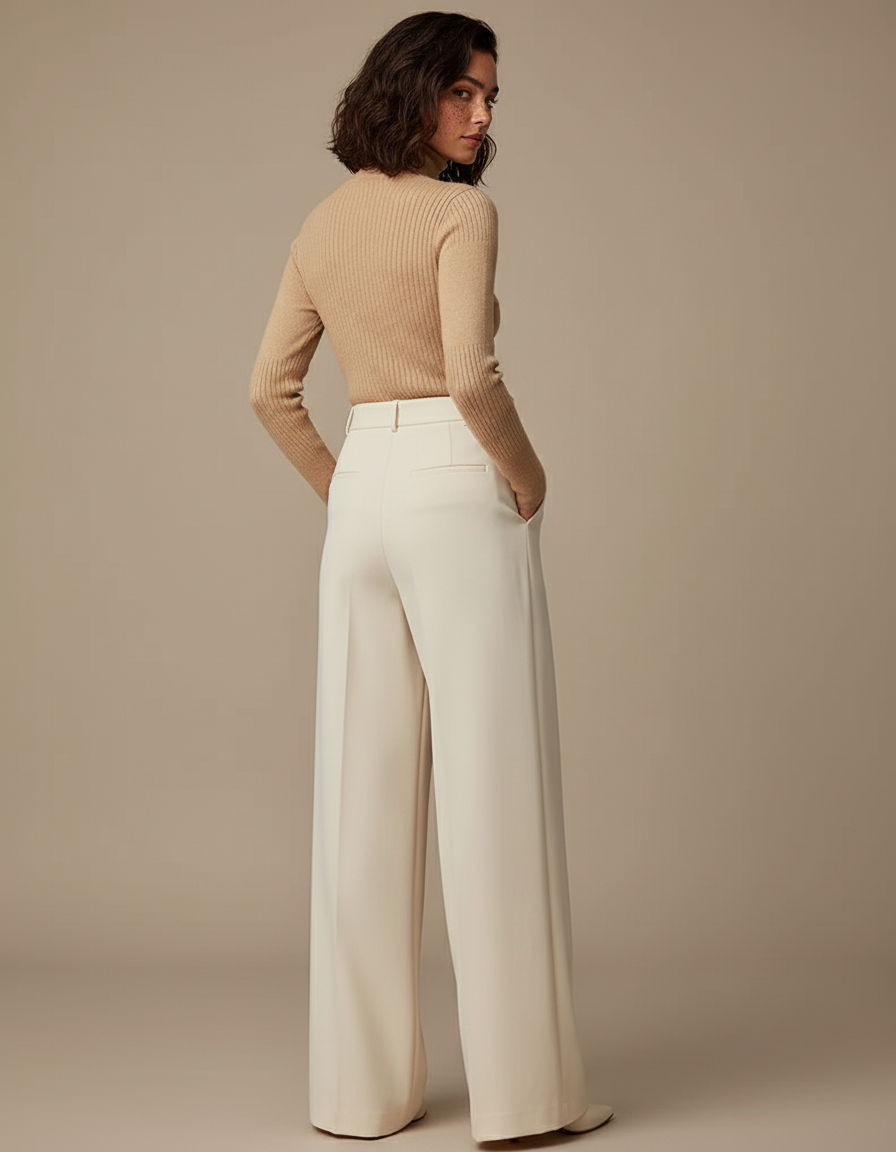 Pantalon Beige Taille Haute Ample Fluide Élégant - Polyester - vue 2