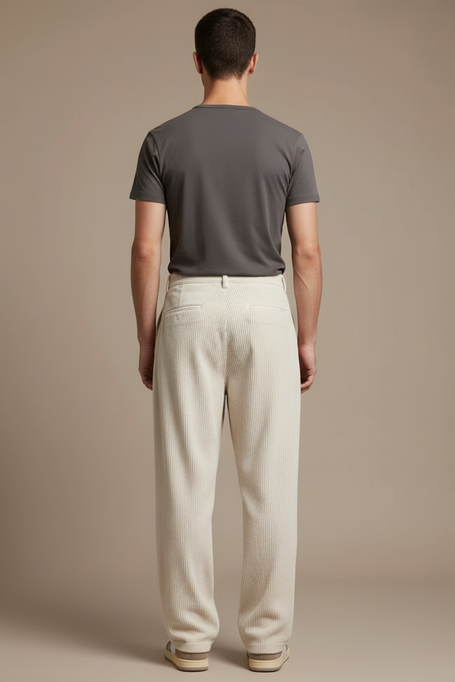 Pantalon Beige Côtelé Plissé Ample Homme Décontracté - Cordé - vue 2