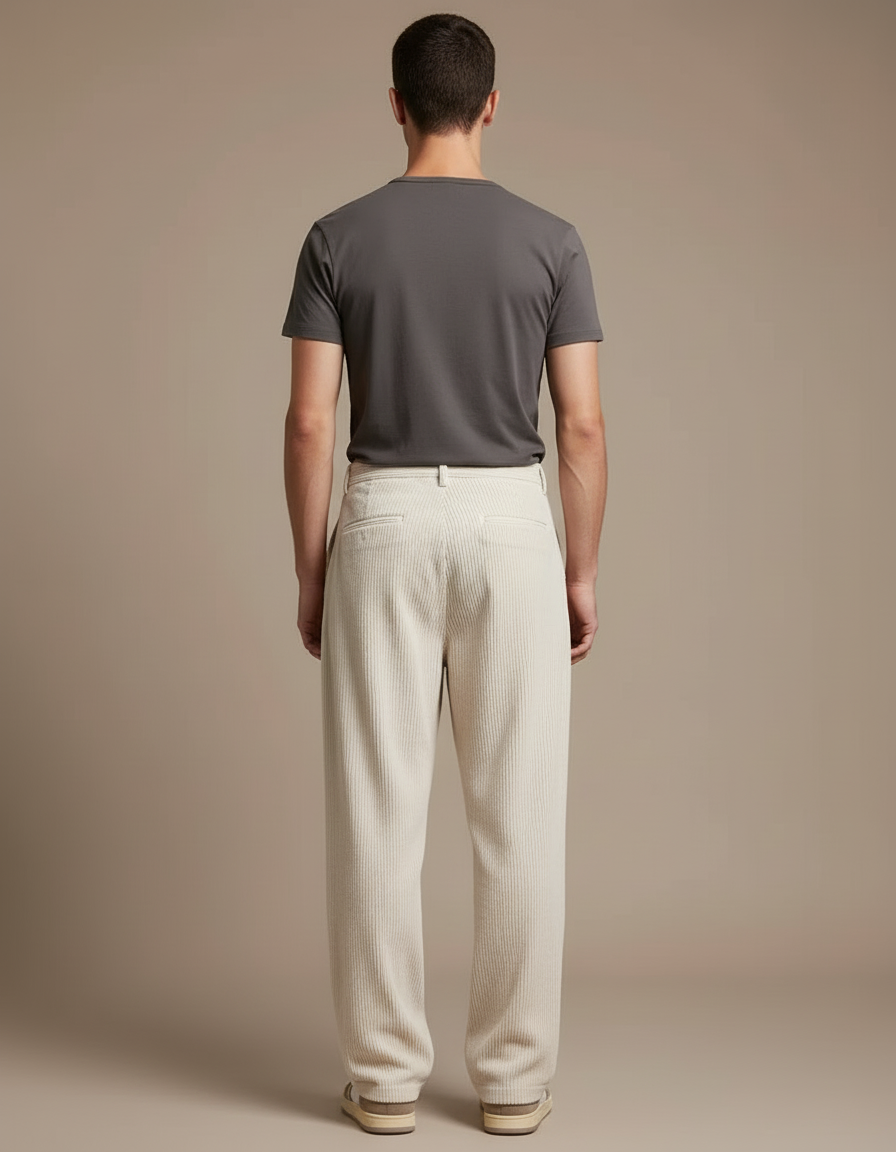 Pantalon Beige Côtelé Plissé Ample Homme Décontracté - Cordé - vue 2