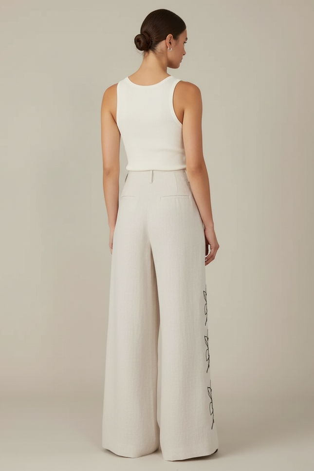 Pantalon Beige Ample Fluide Lin Brodé Floral - vue 2