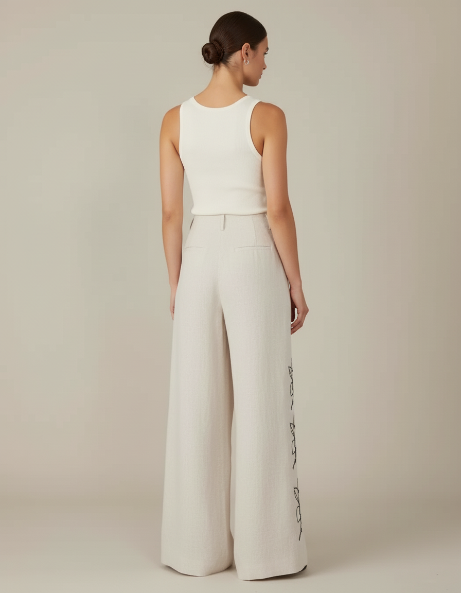 Pantalon Beige Ample Fluide Lin Brodé Floral - vue 2