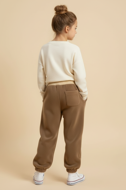 Pantalon Beige Ample Matelassé Brodé Enfant Hiver - Marron Molleton - vue 2