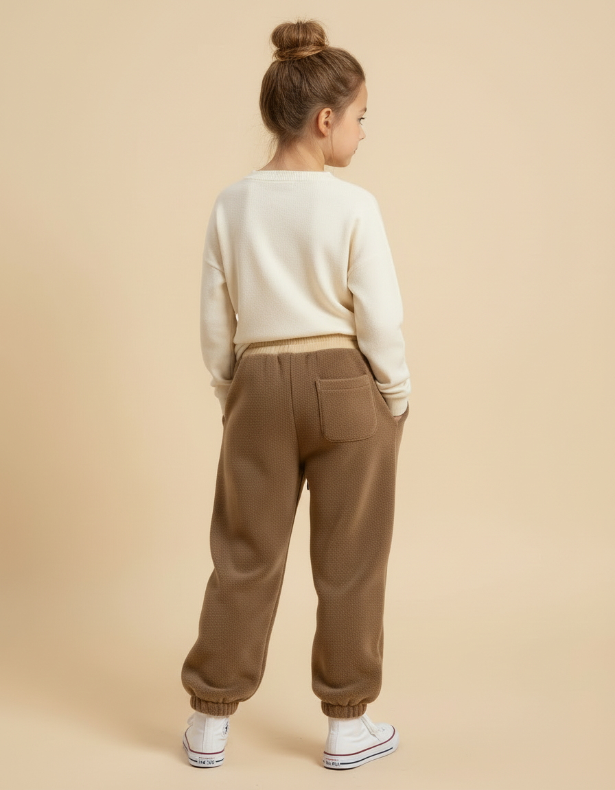 Pantalon Beige Ample Matelassé Brodé Enfant Hiver - Marron Molleton - vue 2