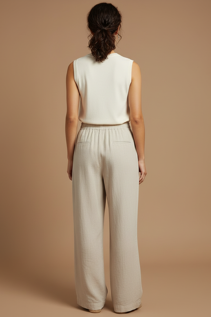 Pantalon Beige Ample Lin Taille Haute Décontracté - vue 2