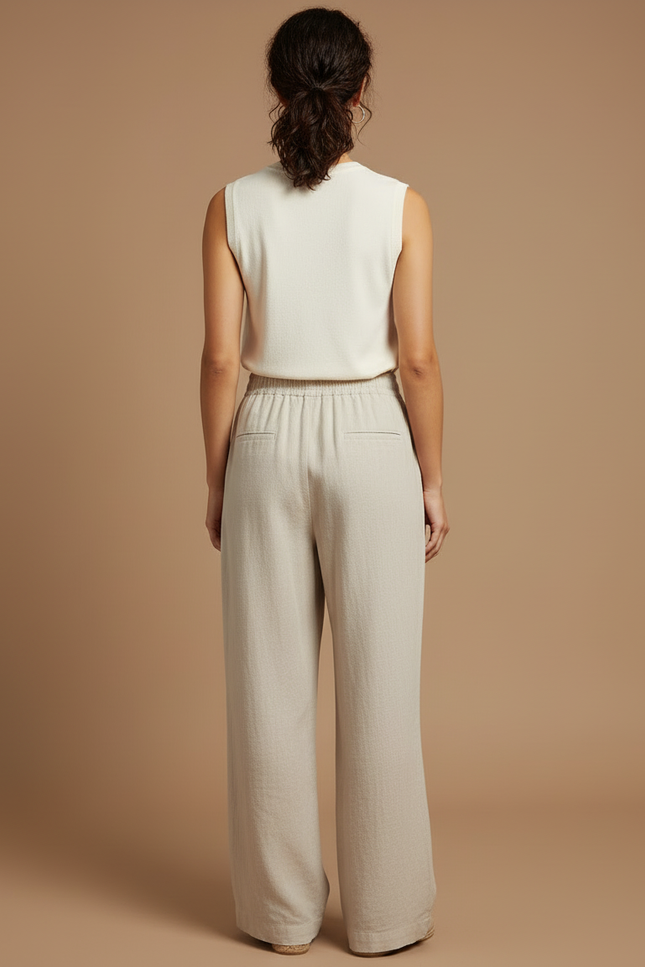 Pantalon Beige Ample Lin Taille Haute Décontracté - vue 2