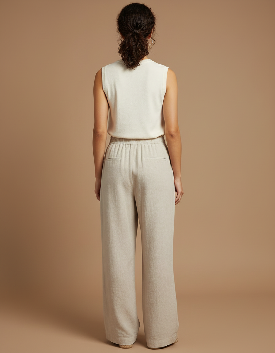 Pantalon Beige Ample Lin Taille Haute Décontracté - vue 2