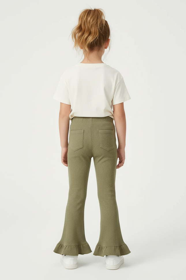Pantalon Beige Côtelé Volanté Évasé Fille Confortable - Kaki Maille - vue 2