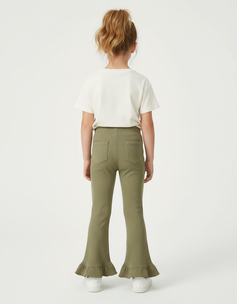 Pantalon Beige Côtelé Volanté Évasé Fille Confortable - Kaki Maille - vue 2