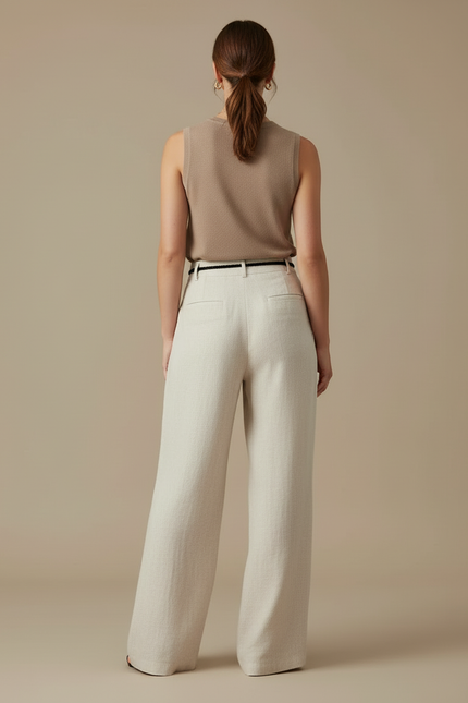 Pantalon Beige Large Fluide Lin Plissé - vue 2
