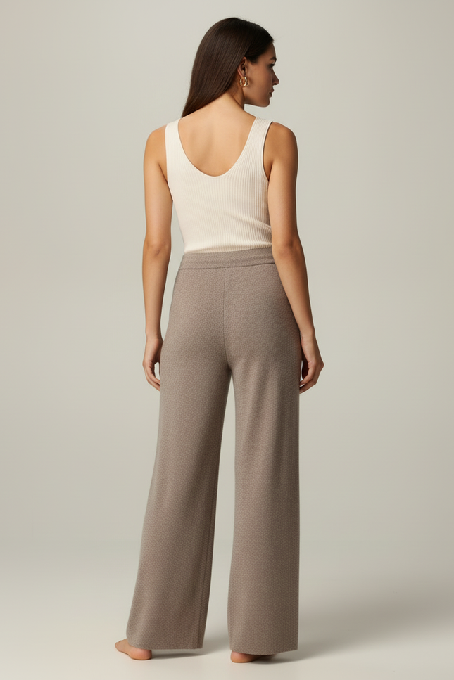 Pantalon Beige Ample Tricoté Confortable Décontracté Femme - Marron Maille - vue 2