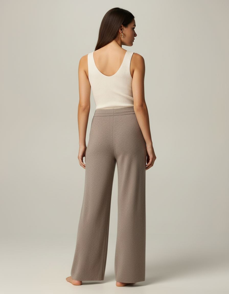 Pantalon Beige Ample Tricoté Confortable Décontracté Femme - Marron Maille - vue 2