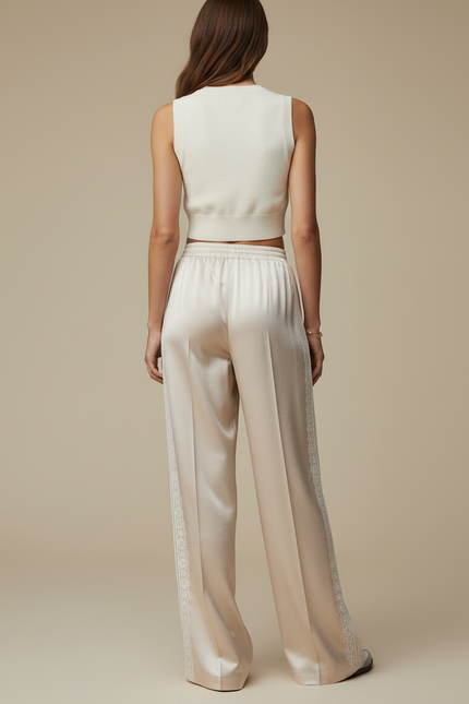 Pantalon Beige Satiné Ample Fluide Dentelle Femme - vue 2