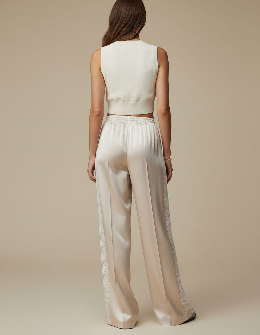 Pantalon Beige Satiné Ample Fluide Dentelle Femme - vue 2