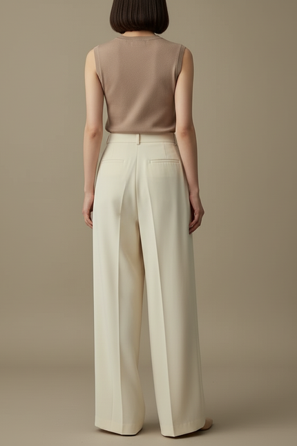 Pantalon Beige Plissé, Fluide, Taille Haute, Élégant - Polyester - vue 2