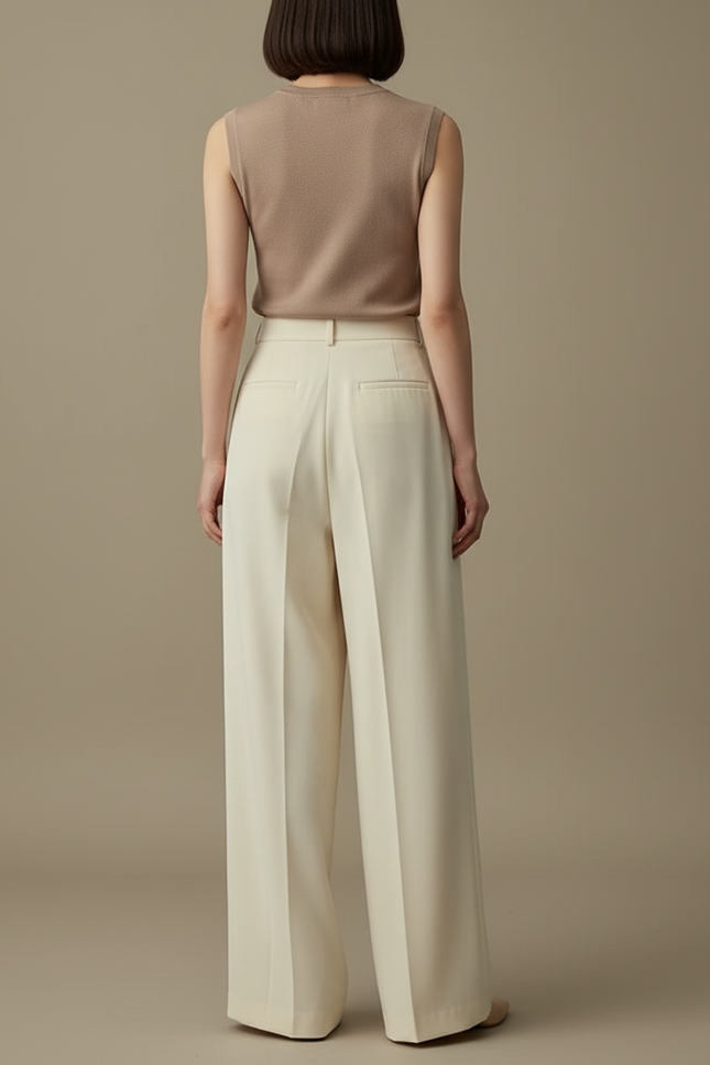 Pantalon Beige Plissé, Fluide, Taille Haute, Élégant - Polyester - vue 2