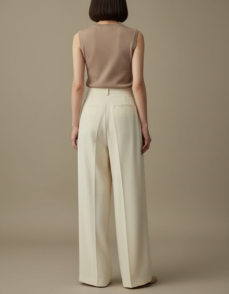 Pantalon Beige Plissé, Fluide, Taille Haute, Élégant - Polyester - vue 2