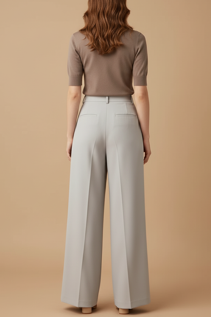 Pantalon Beige Fluide Plissé Taille Haute Femme - Gris Polyester - vue 2