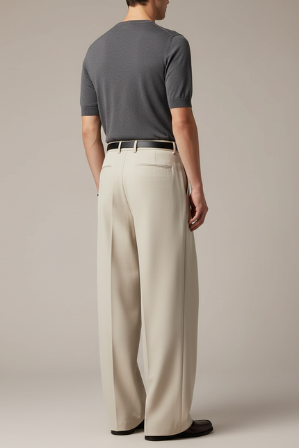 Pantalon Beige Plissé Ample Large Élégant Homme - Gabardine - vue 2