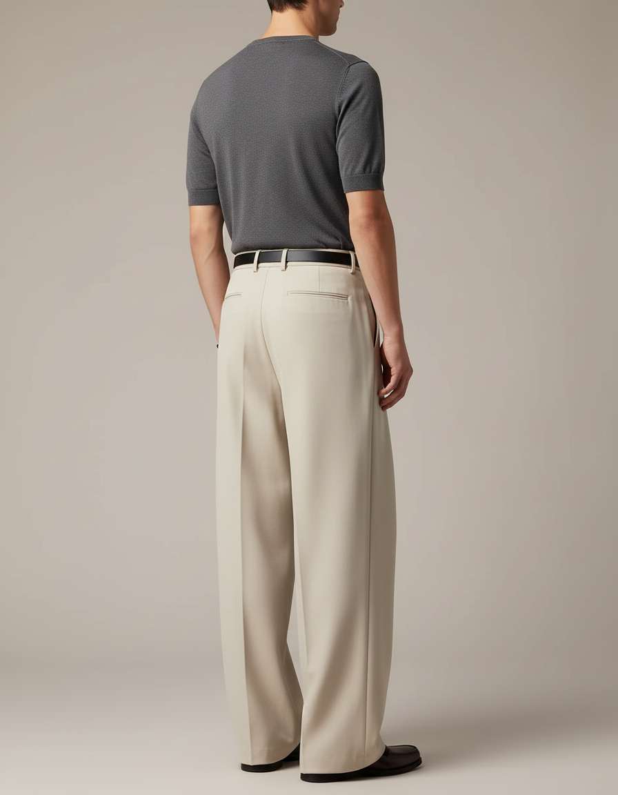 Pantalon Beige Plissé Ample Large Élégant Homme - Gabardine - vue 2