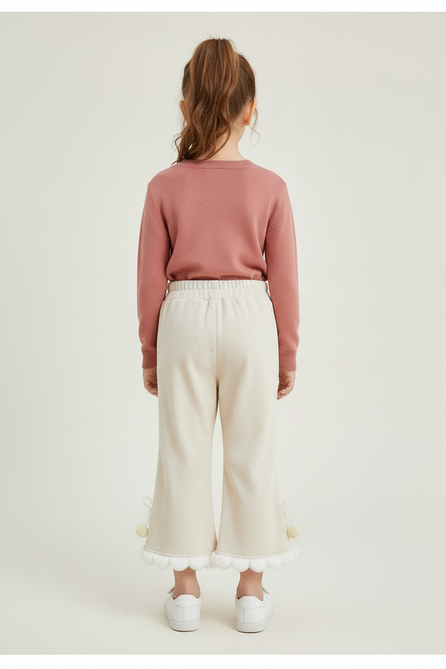 Pantalon Beige Côtelé Évasé Pompons Hiver Enfant - Cordé - vue 2