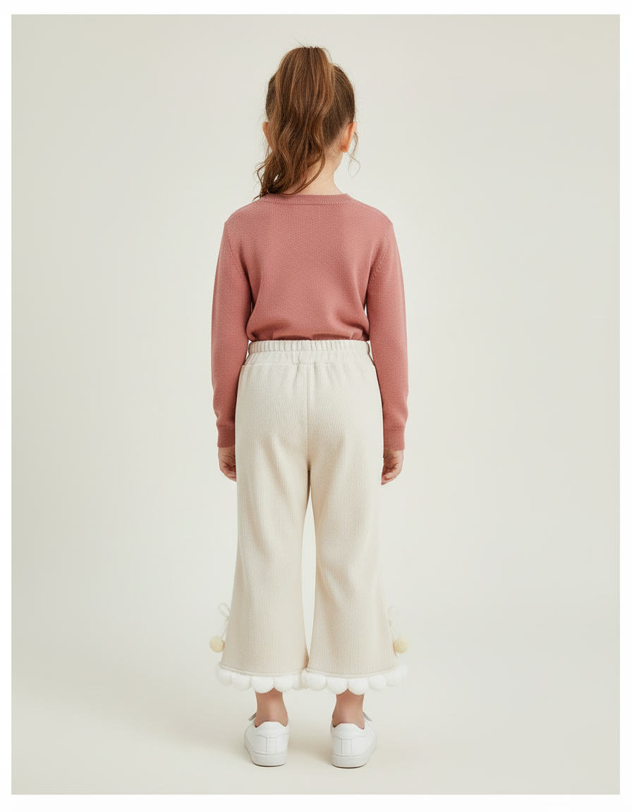 Pantalon Beige Côtelé Évasé Pompons Hiver Enfant - Cordé - vue 2