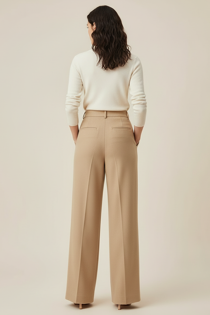 Pantalon Beige Large Plissé Taille Haute Élégant - Laine - vue 2