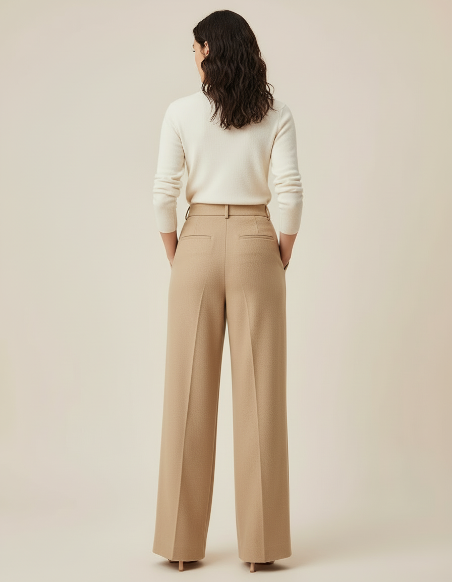 Pantalon Beige Large Plissé Taille Haute Élégant - Laine - vue 2