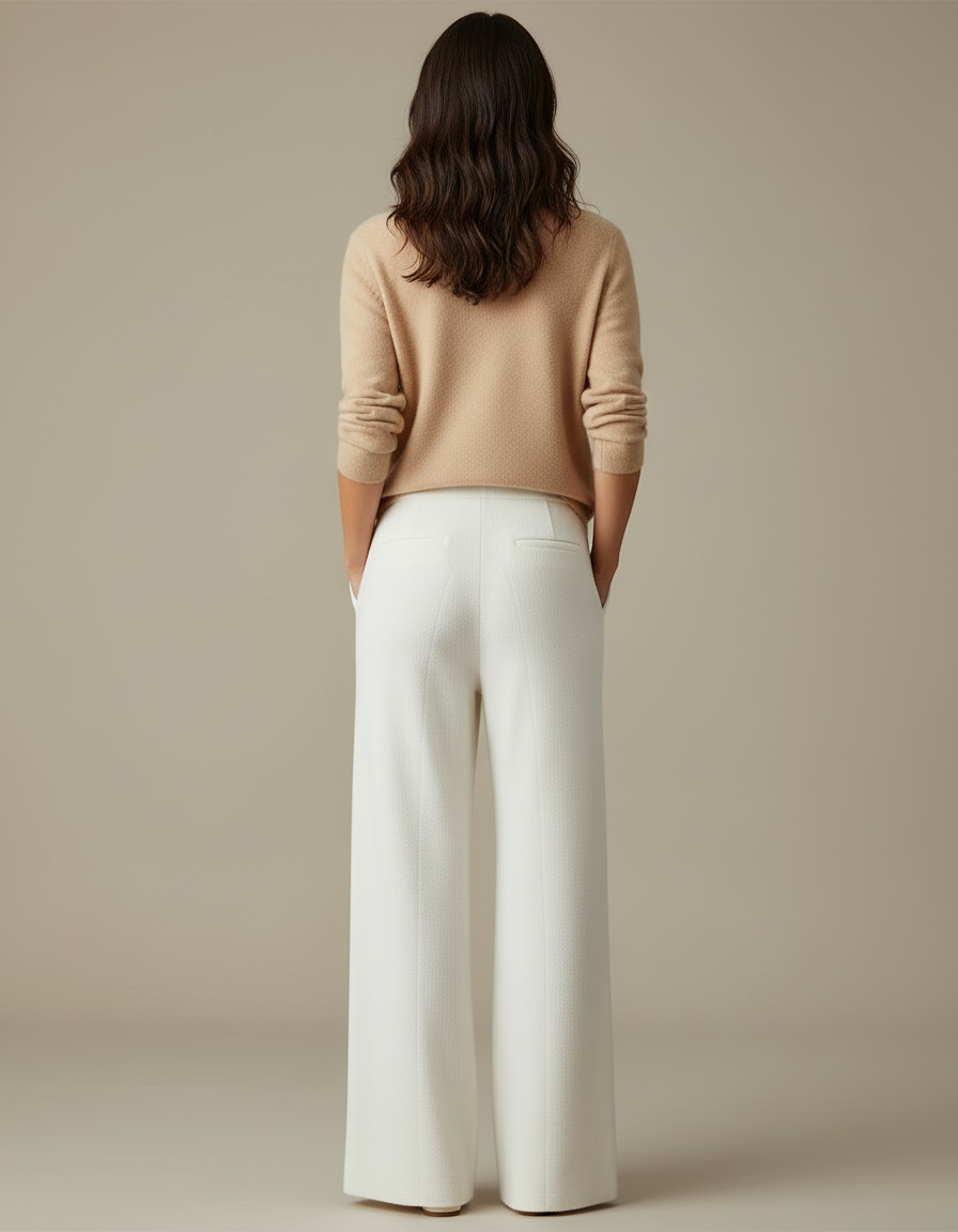 Pantalon Beige Laine Mérinos Large Maille Femme - Blanc - vue 2