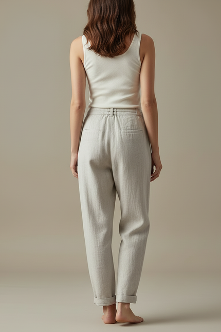 Pantalon Beige Lin Ample Taille Haute Décontracté Élégant - vue 2