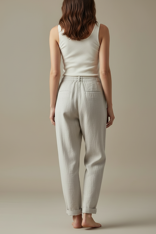 Pantalon Beige Lin Ample Taille Haute Décontracté Élégant - vue 2