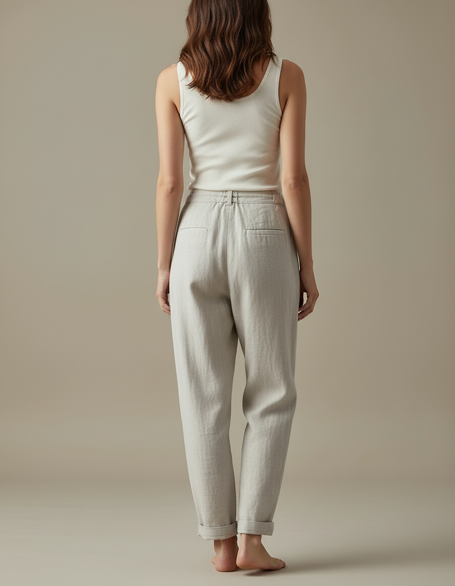 Pantalon Beige Lin Ample Taille Haute Décontracté Élégant - vue 2