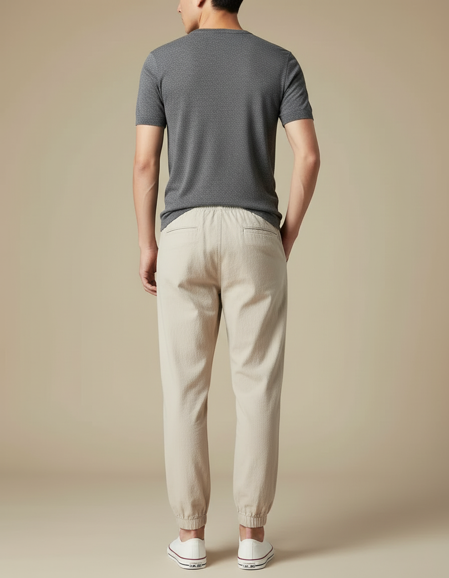 Pantalon Beige Ample Coton Chevilles Élastiquées Homme - vue 2