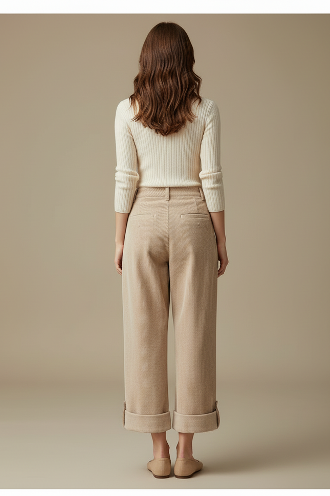 Pantalon Beige Côtelé Ample Patte Brodé Femme - Cordé - vue 2