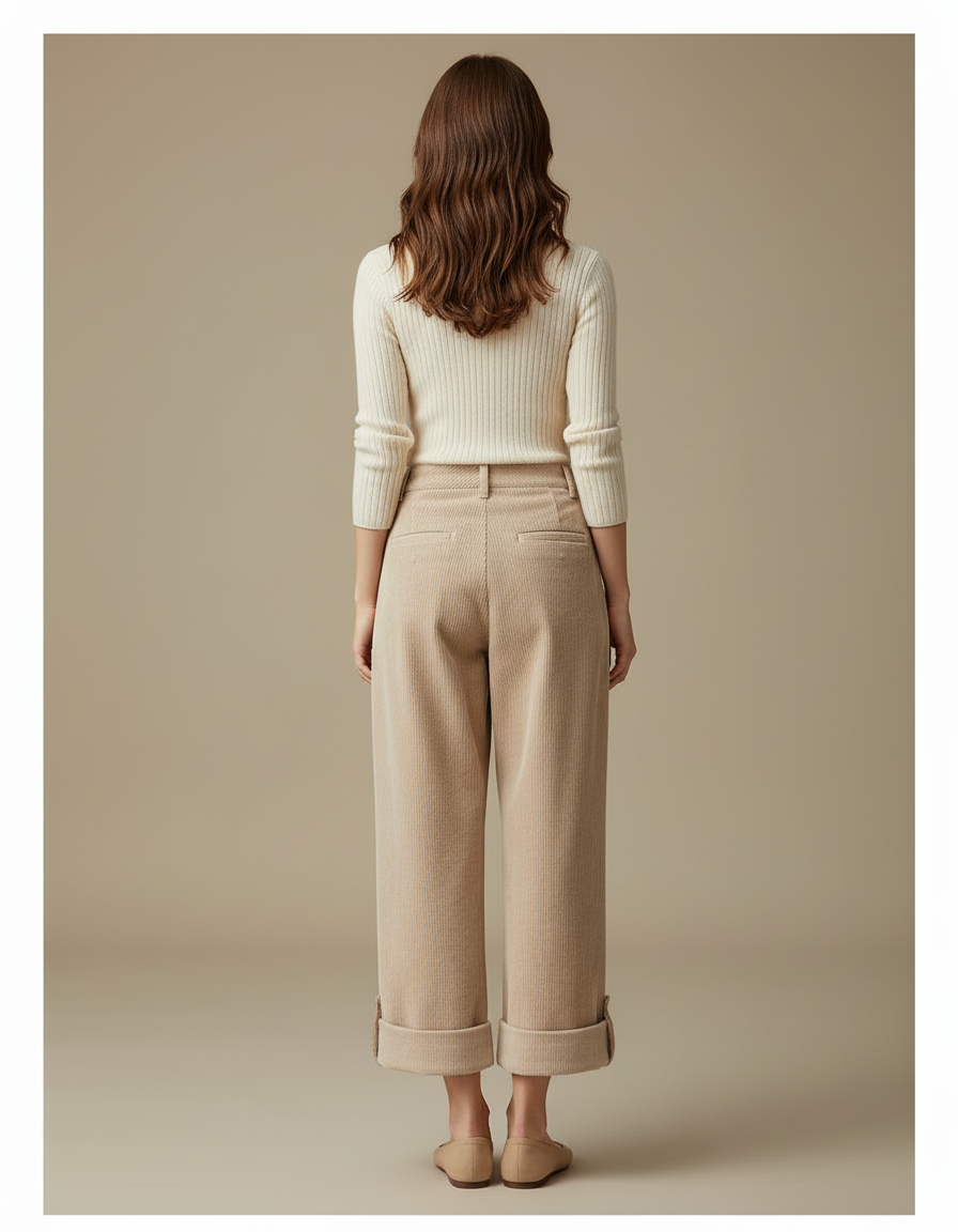 Pantalon Beige Côtelé Ample Patte Brodé Femme - Cordé - vue 2