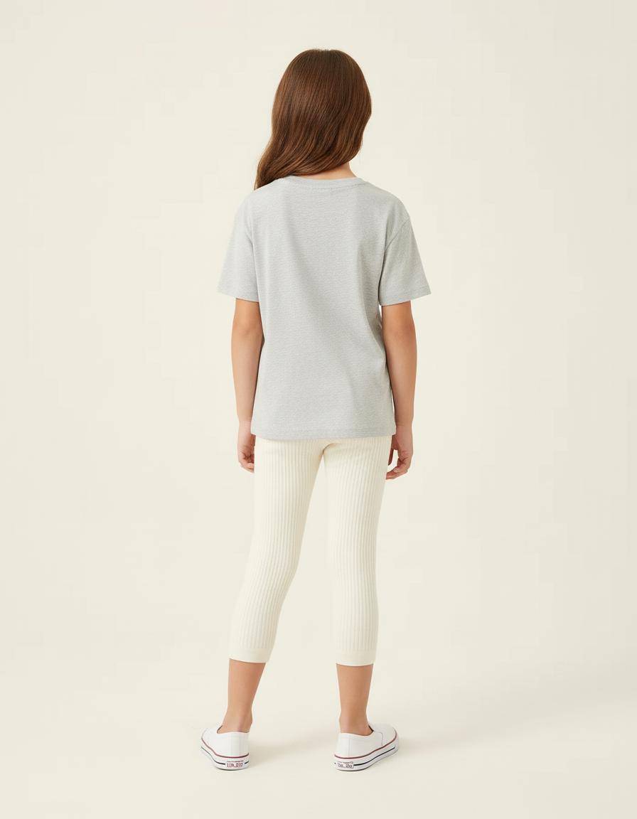 Pantalon Beige Côtelé Tricoté Capris Enfant Élastique - Maille - vue 2