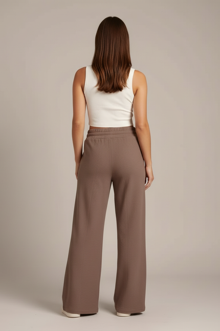 Pantalon Beige, Ample, Fluide, Taille Haute, Décontracté, Cordon - Marron Molleton - vue 2
