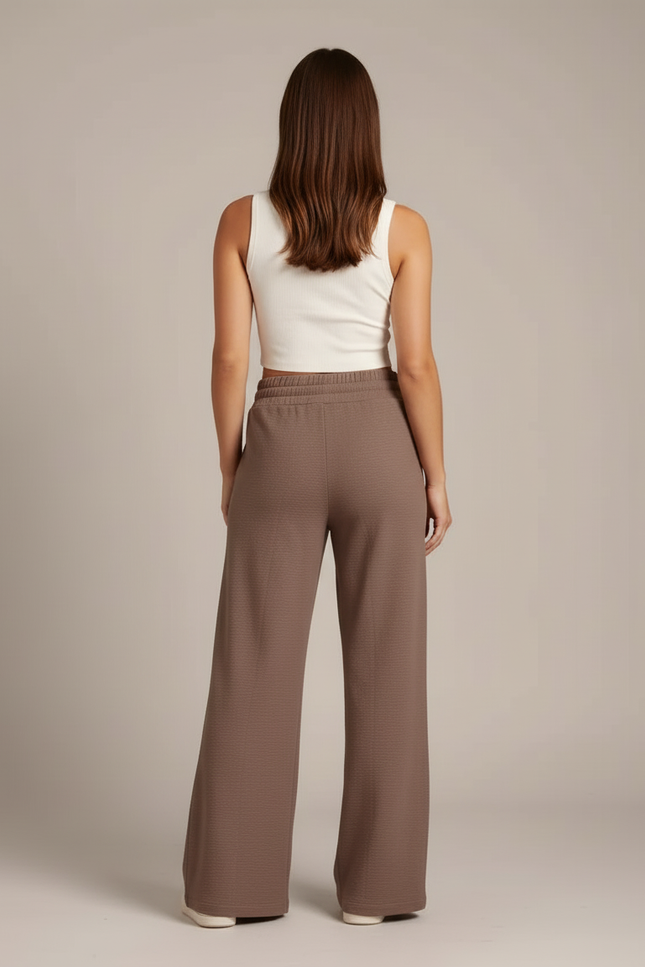 Pantalon Beige, Ample, Fluide, Taille Haute, Décontracté, Cordon - Marron Molleton - vue 2