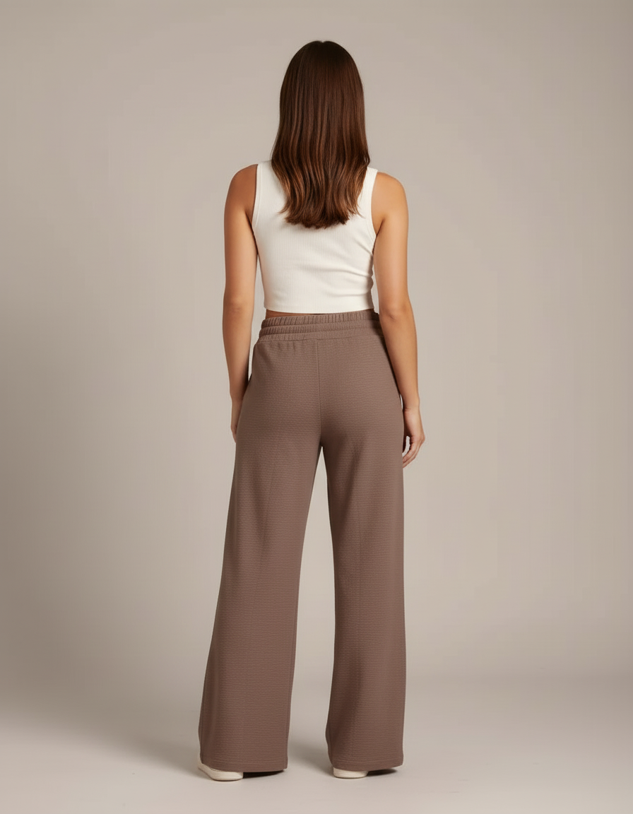 Pantalon Beige, Ample, Fluide, Taille Haute, Décontracté, Cordon - Marron Molleton - vue 2